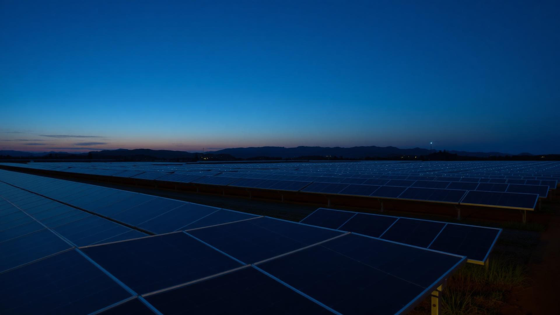 Campo di pannelli fotovoltaici al tramonto